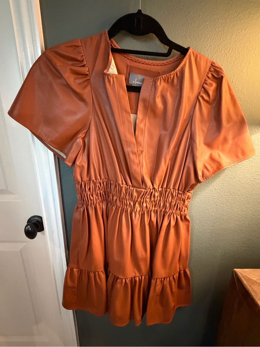 Anthropologie Rust Faux Leather Tiered Short-Sleeve Dress